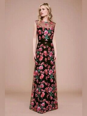 NWOT Tadashi Shoji Rajani Black Maxi Gown Pink Floral Sleeveless Embroidery Sz 4